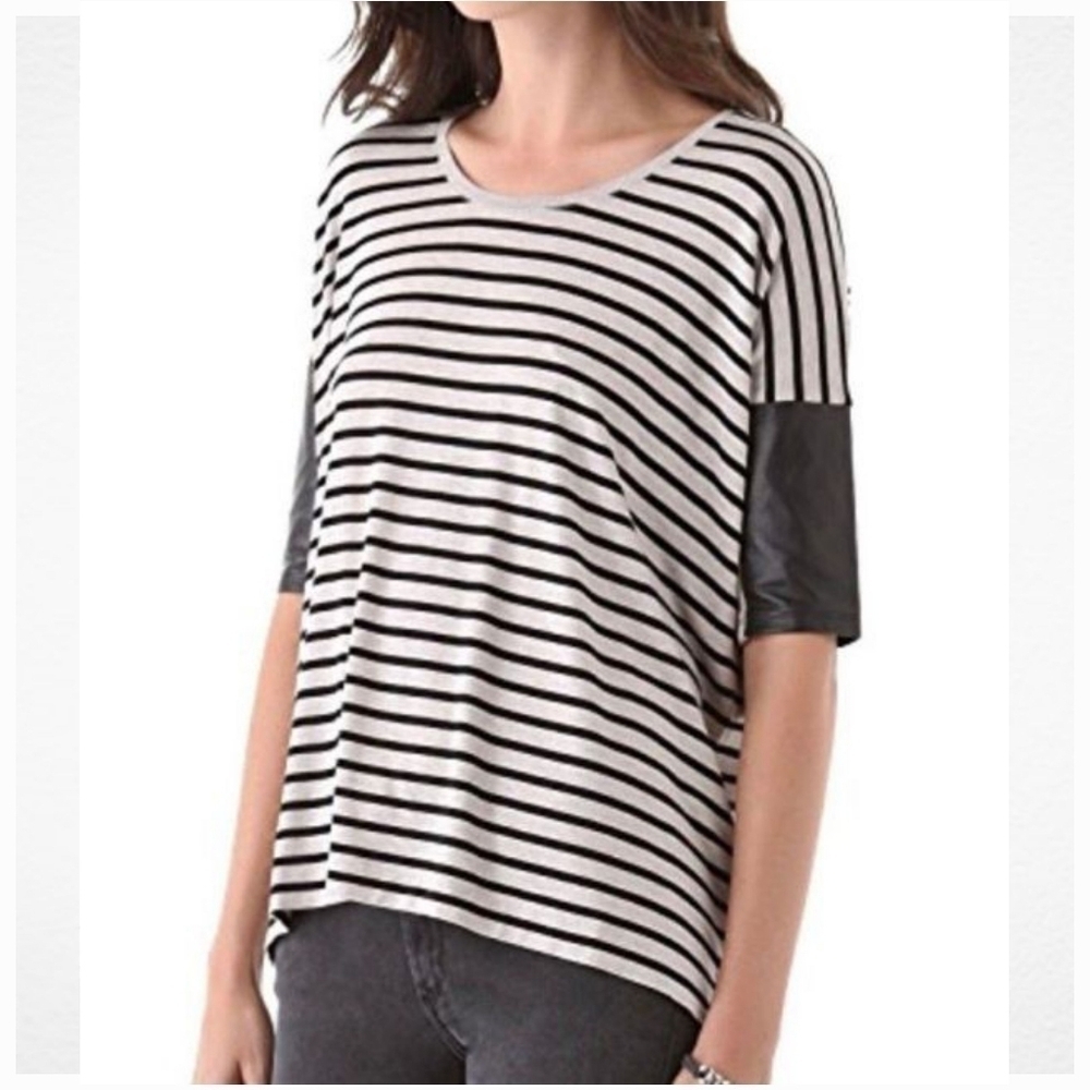 Club Monaco Black & Gray Regan Stripe Short Leather Sleeved Top